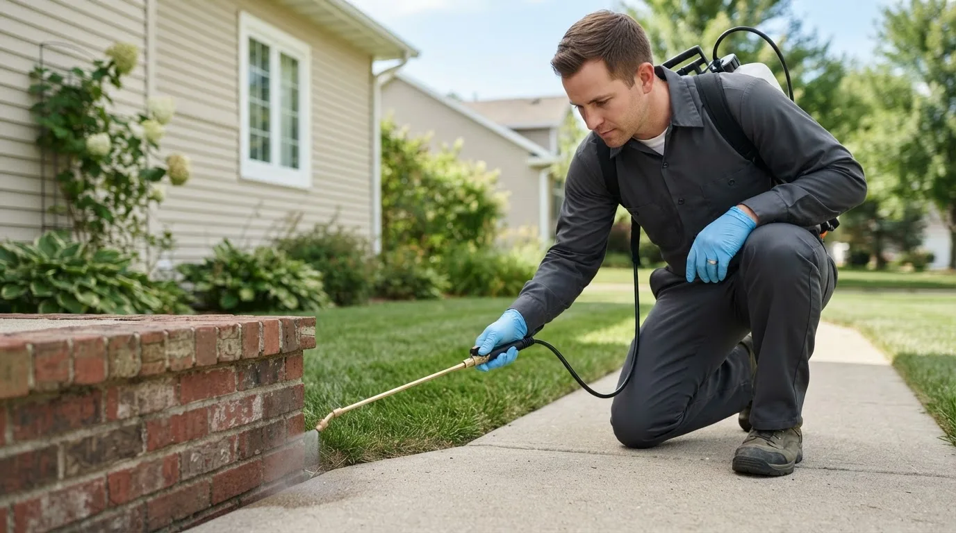 Pest control technician treating a home near New Straitsville, OH
