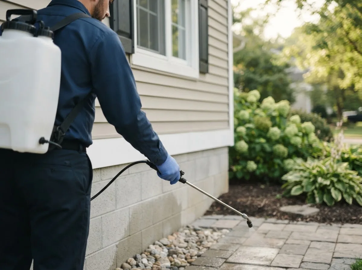 Pest control technician inspecting a home in New Straitsville, OH